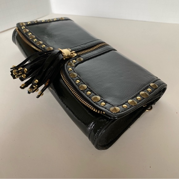 Black Patent Leather Clutch with Zipper Studded Tassel Accent Details Bag - Picture 5 of 11